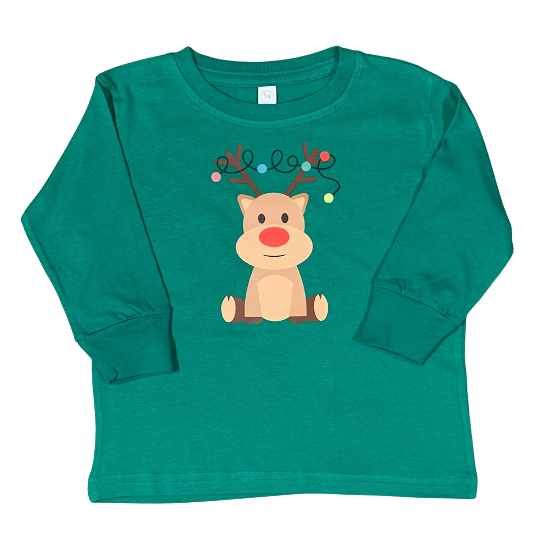 Christmas Rudolph long sleeve green t-shirts for kids.
